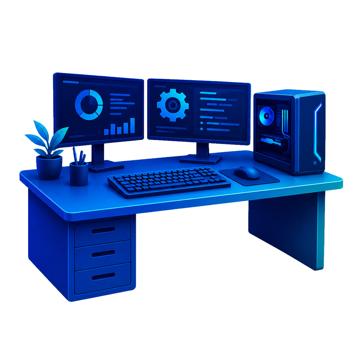Futuristic computer workstation with dual monitors displaying data charts and graphics, a desktop tower with internal lighting, a keyboard, mouse, small potted plant, and office supplies, all in a sleek blue color scheme.