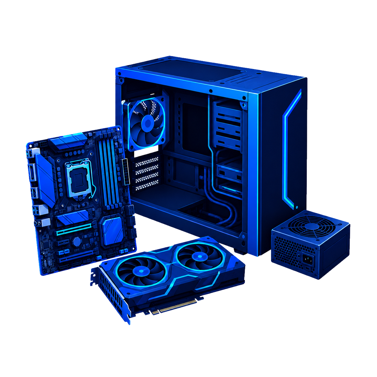 Computer hardware components including a graphics card, motherboard, power supply, cooling fan, and a computer case with LED lighting.