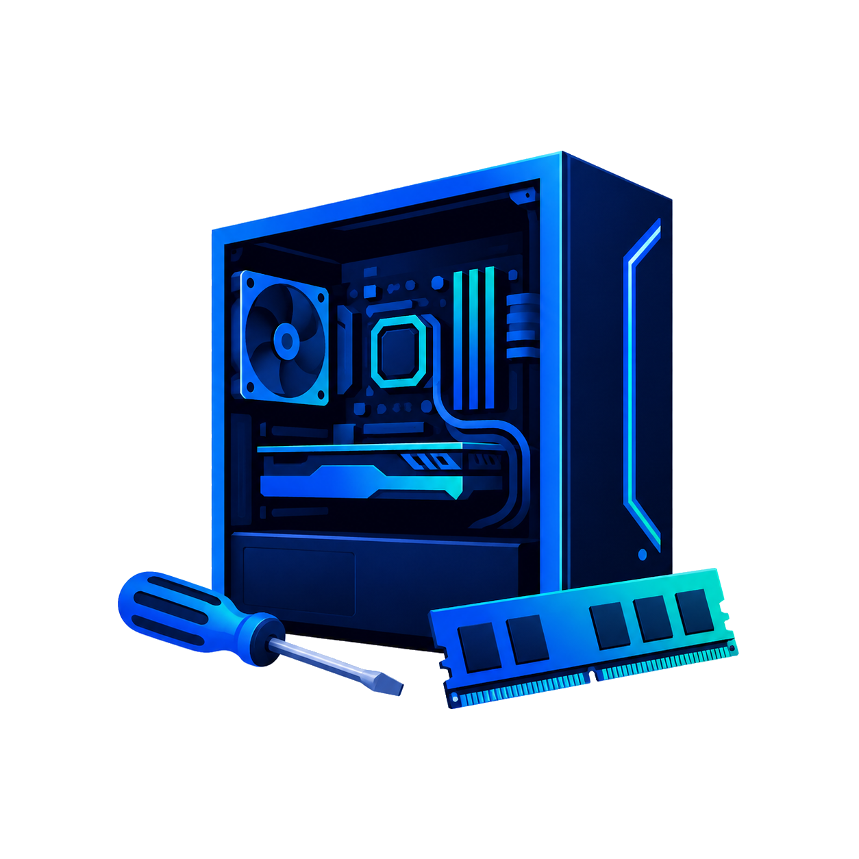 A computer tower with internal components illuminated by blue LED lights, a screwdriver, and a RAM stick in front of it on a black background.