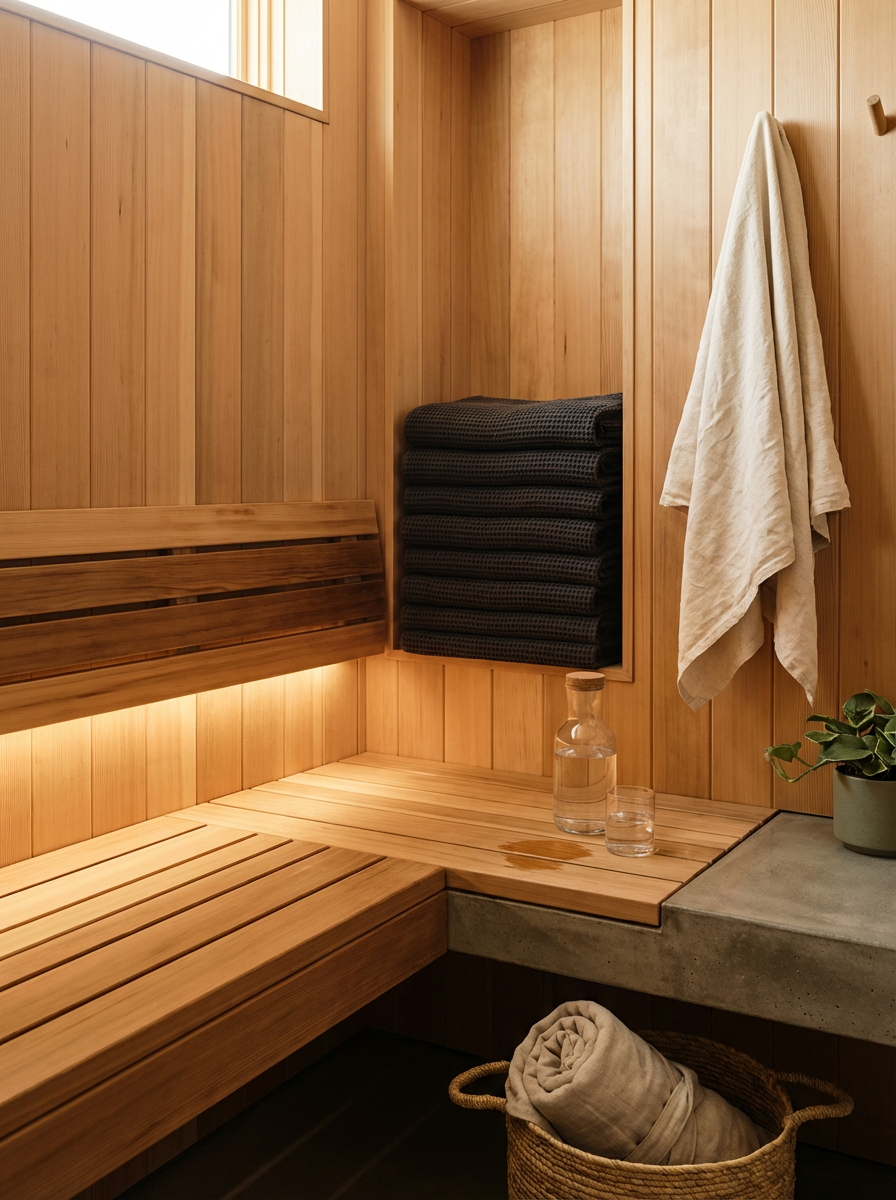 A wooden sauna room with three black towels folded and stacked on a wall, a towel hanging on a hook, a glass bottle and glass of water on a wooden bench, a potted plant, and a rolled-up towel inside a basket.