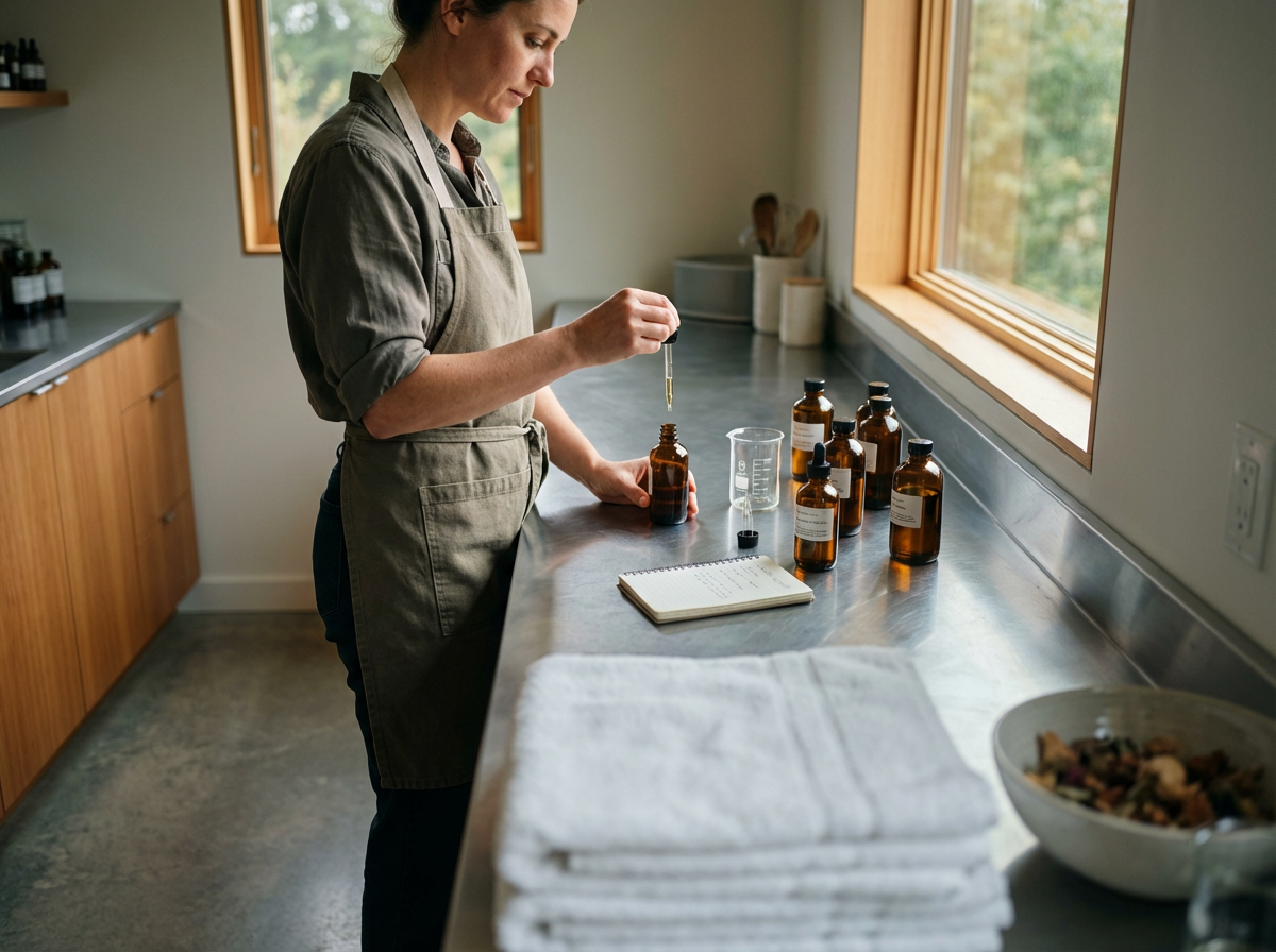 A woman wearing a gray apron in a kitchen, holding a dropper over a small brown bottle, surrounded by similar bottles, a clear measuring cup, a notebook, and a bowl of salad, with a window showing trees outside.