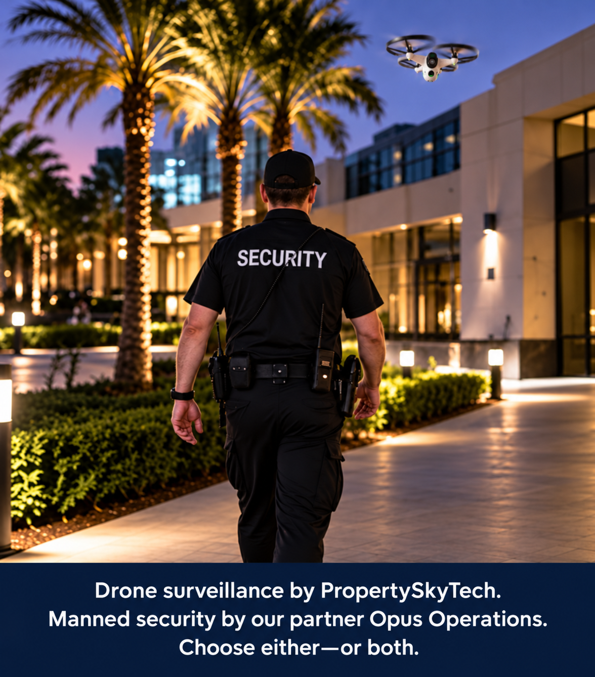 Security drone flying above a guard. Drone surveillance by PropertySkyTech, manned security by partner Opus Operations, or both.