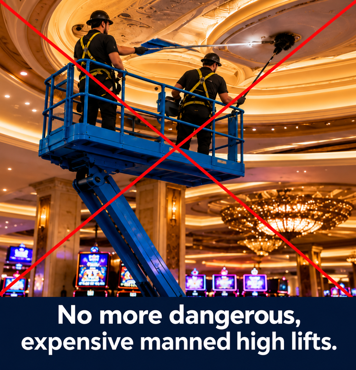 Workers on a high lift crossed out with a red X. No more dangerous, expensive manned high lifts.