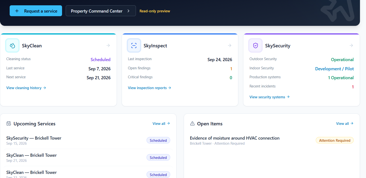 Request Service, invoicing, payments reporting, client center for all services. Right from the website.