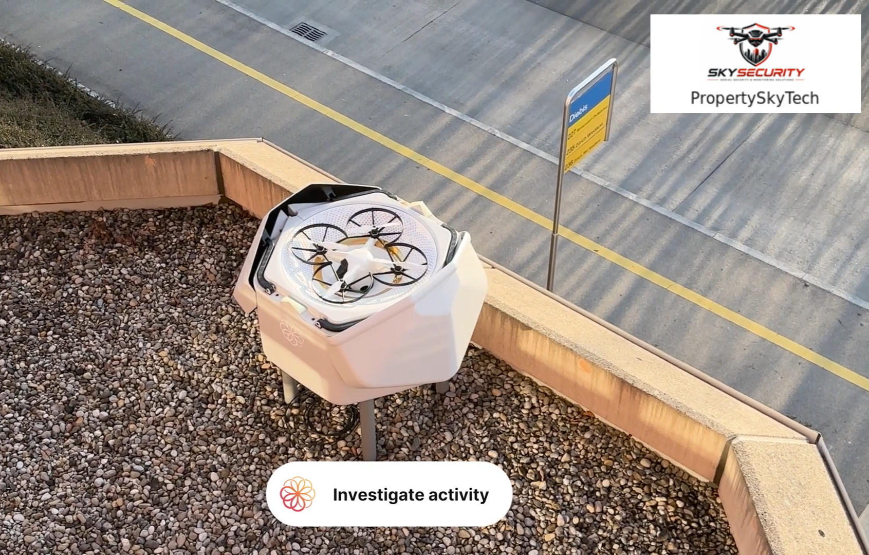 SkySecurity Outdoor Autonomous Drone Solution. This is where it lives in a 32x32 small autonomous waterproof hive. It can patrol once an hour 24 hours a day. 