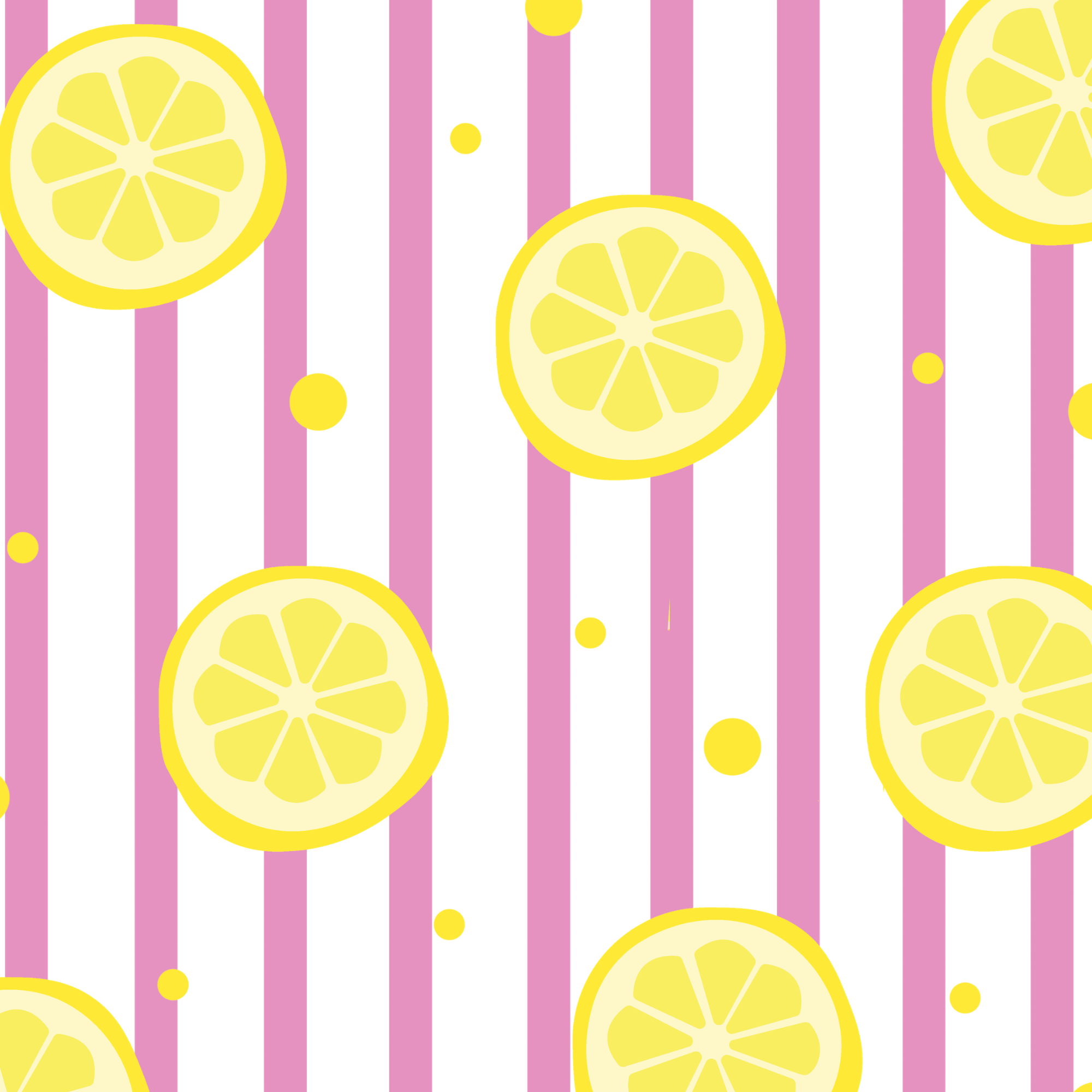 Pattern of lemon slices and yellow dots on pink and white striped background.