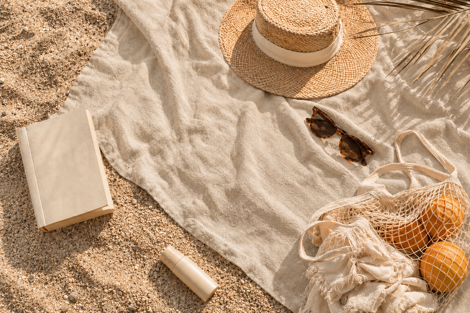 Beach scene with a straw hat, sunglasses, a book, a reusable water bottle, and mesh shopping bags containing oranges, all arranged on a white towel and sandy ground.