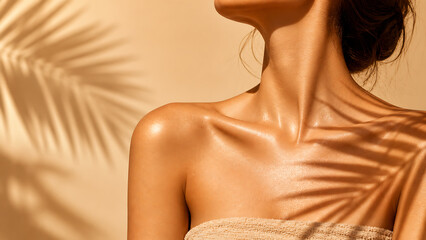 Close-up of a woman's shoulder and neck with palm shadows on her skin, against a warm beige background.