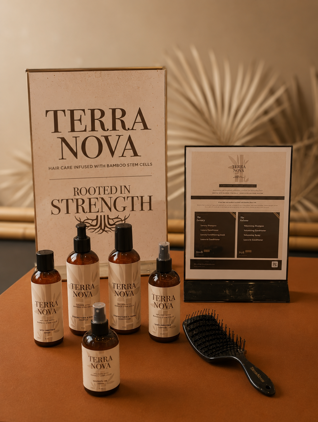 Display of Terra Nova hair care products, including shampoo, conditioner, and sprays, on a wooden surface with a large sign reading 'Terra Nova Hair Care Infused with Bamboo Stem Cells Rooted in Strength' and a black hairbrush next to the products.
