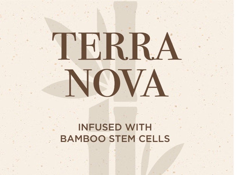 Text on a beige background reads "TERRA NOVA INFUSED WITH BAMBOO STEM CELLS" with a faint bamboo leaf design in the background.