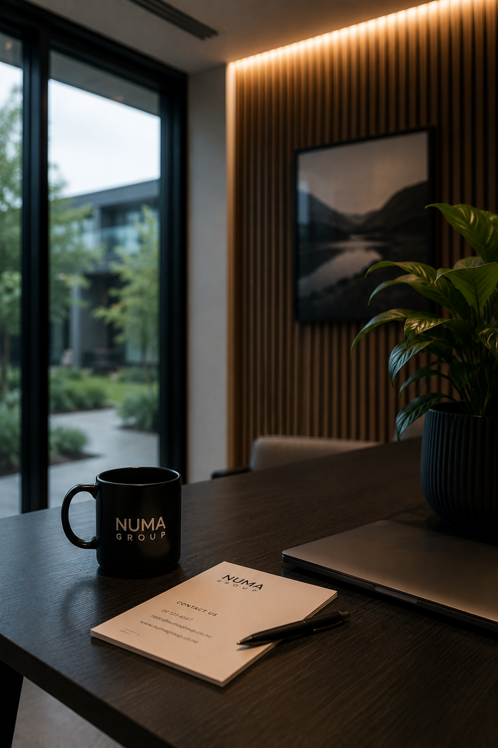 Modern office conference room with a black coffee mug labeled 'NUMA GROUP', a pen, a notebook with the same logo, a laptop, a large potted plant, and a framed photo of a mountain lake landscape on a wooden-paneled wall, with large windows showing trees and neighboring buildings outside.