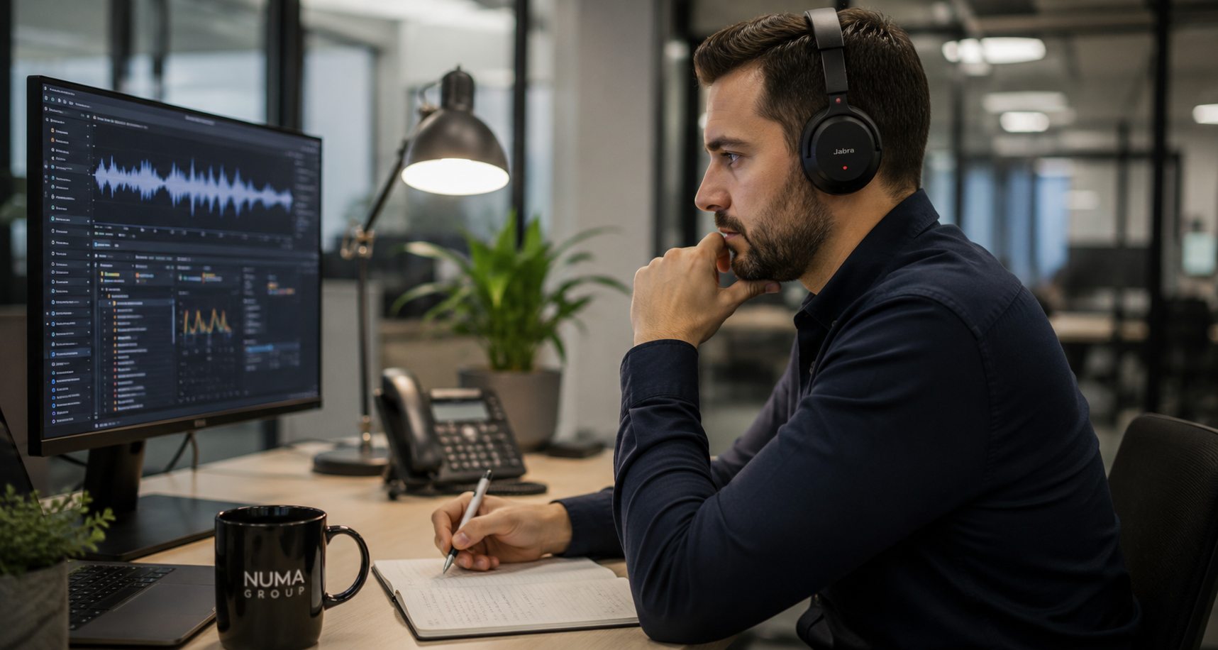 Man working on audio editing at a desk in an office, wearing headphones, with a computer monitor displaying audio waveforms.