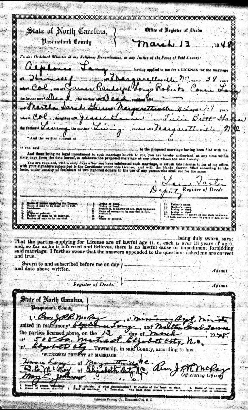 Martha Garner (Ma Baby Sis' Sister) and Alphonso Long 
Certificate of Marriage