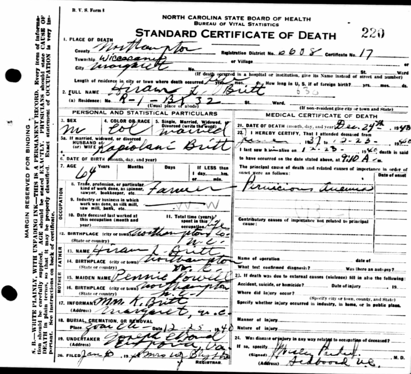 Hiram Britt
Certificate of Death