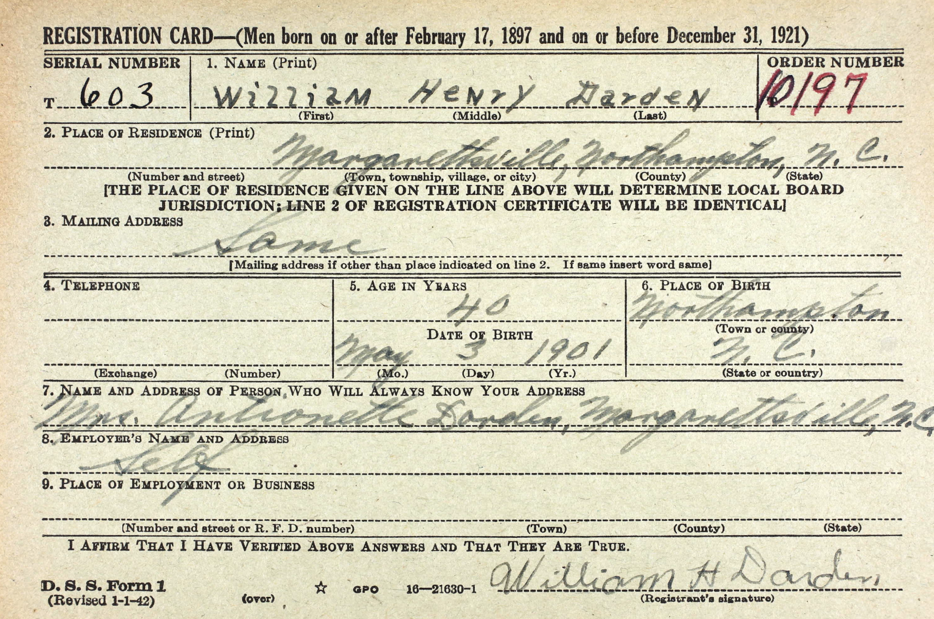 William H. Darden (Daddy Ballsy)
War Draft Card