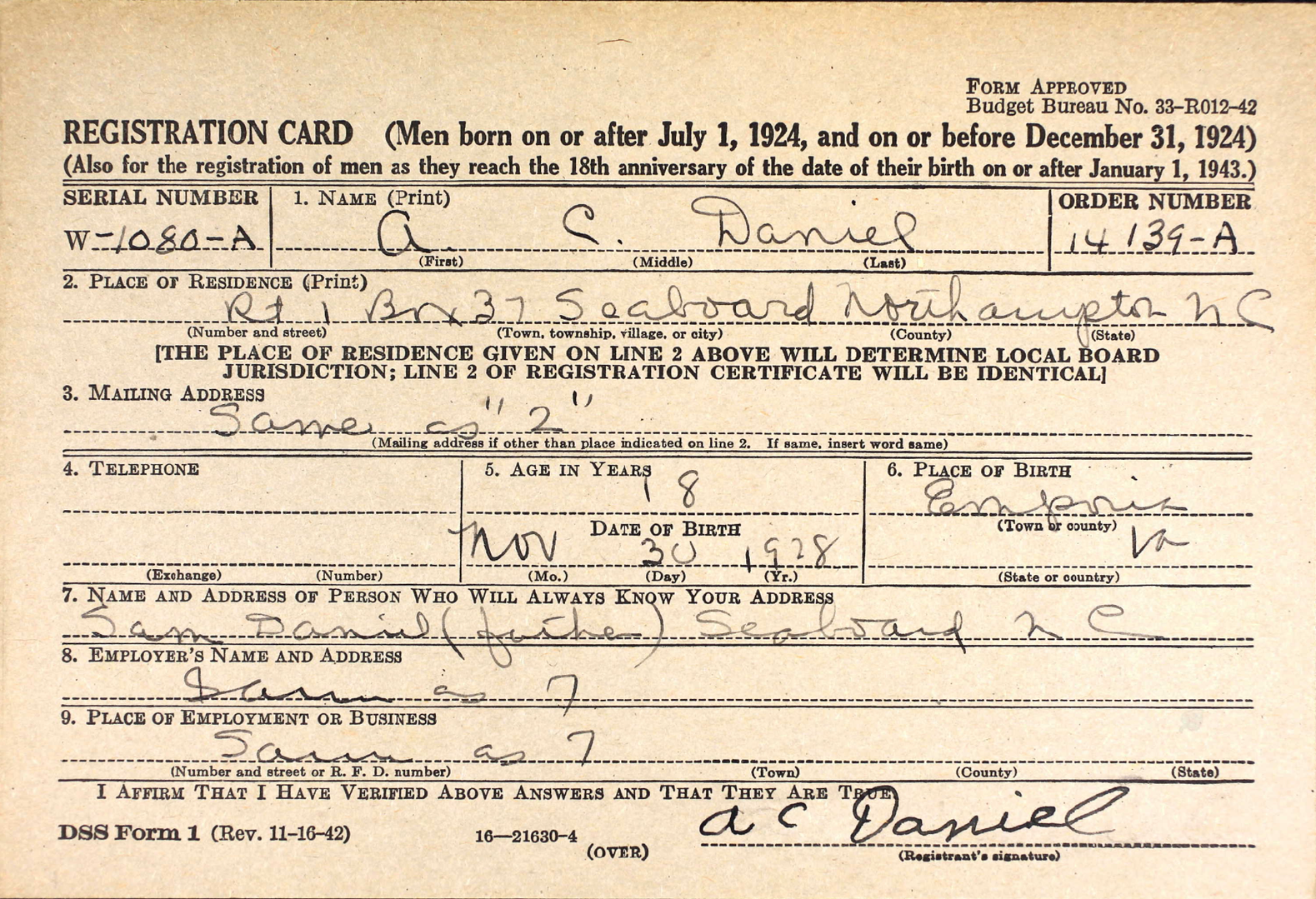 AC Daniel
WWII Draft Card
