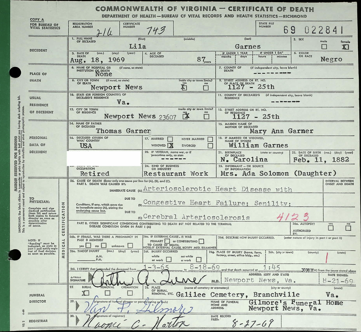 Thomas Garner
Certificate of Death