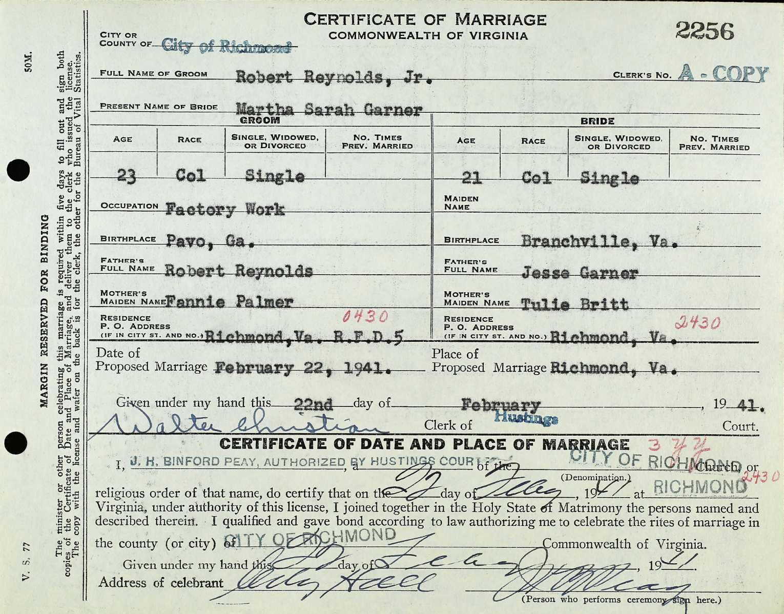 Martha Garner (Ma Baby Sis' Sister) and Robert Reynolds
Certificate of Marriage
