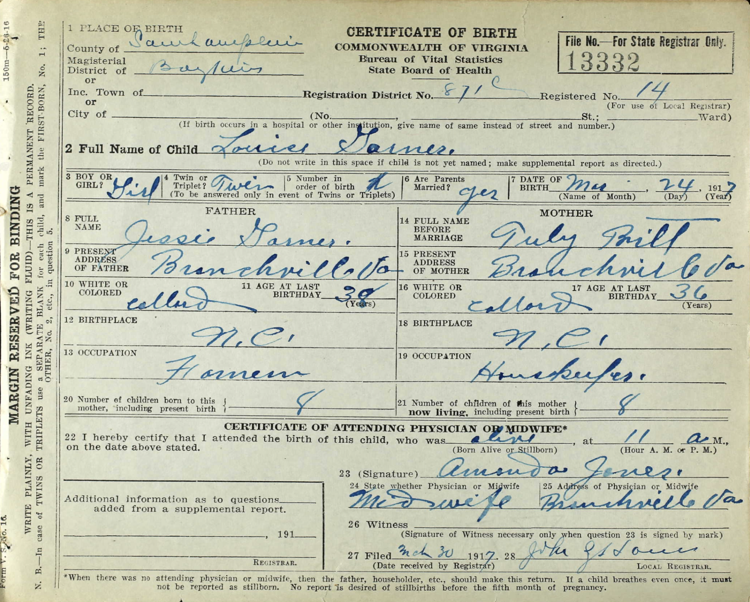 Louise Garner (twin) (Ma Baby Sis Sister)
Certificate of Birth