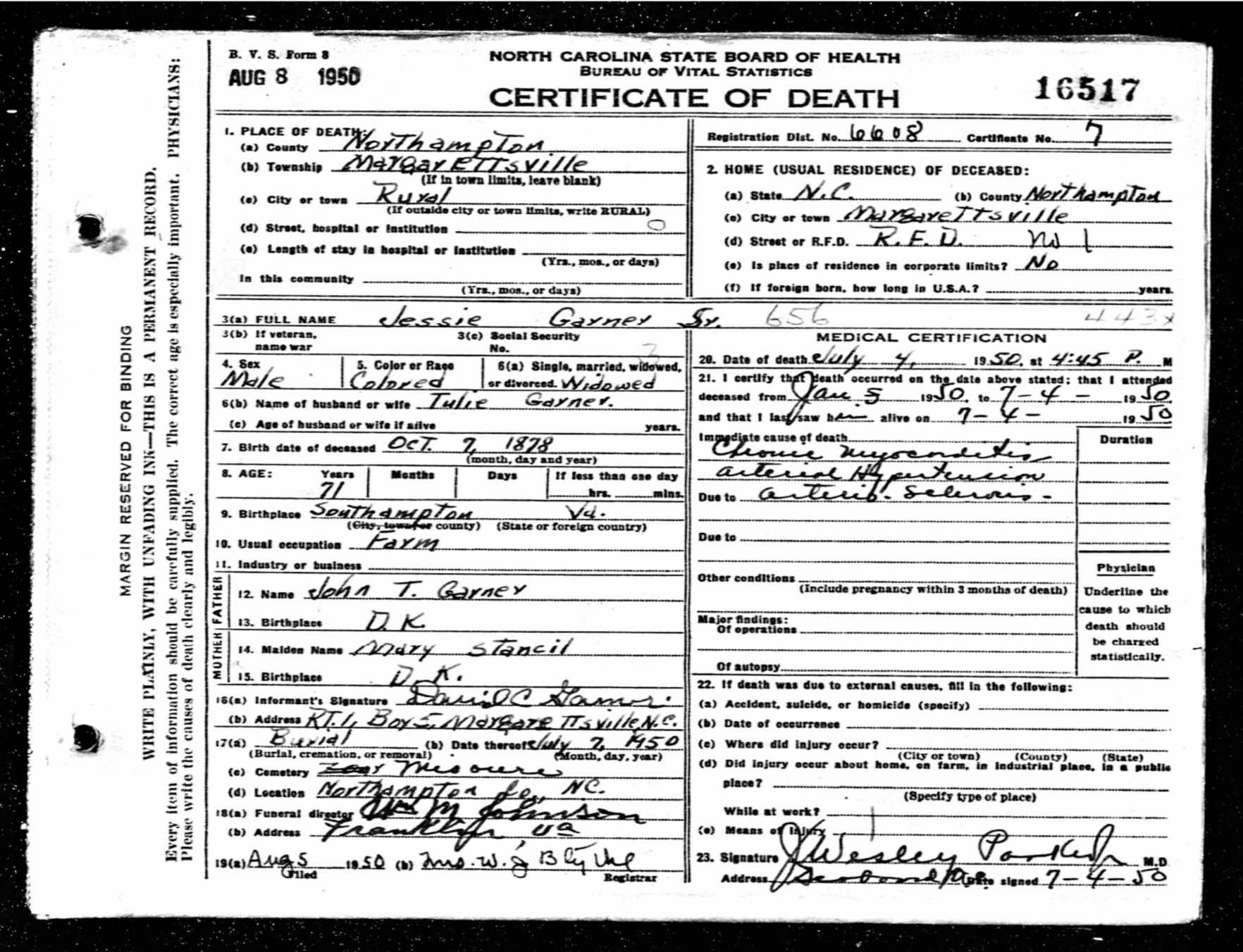 Jessie Garner, Sr. (Ma Baby Sis' Dad)
Certificate of Death