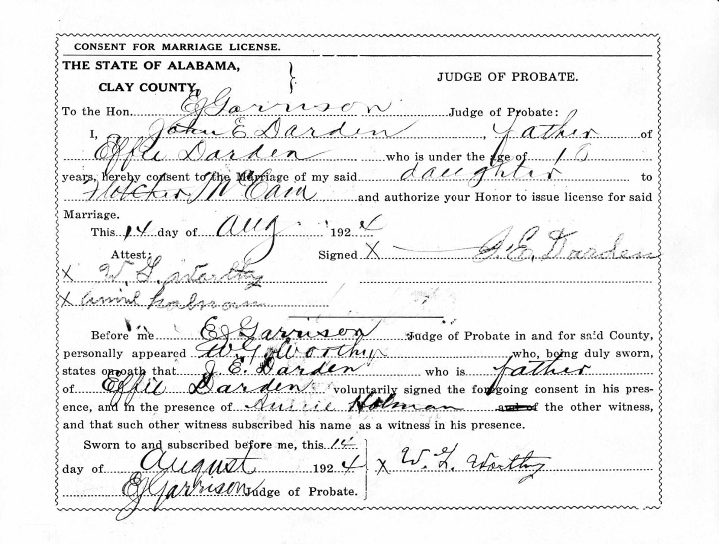 Effie Darden (Daddy Ballsy's Sister) and Fletcher McCain
Certificate of Marriage