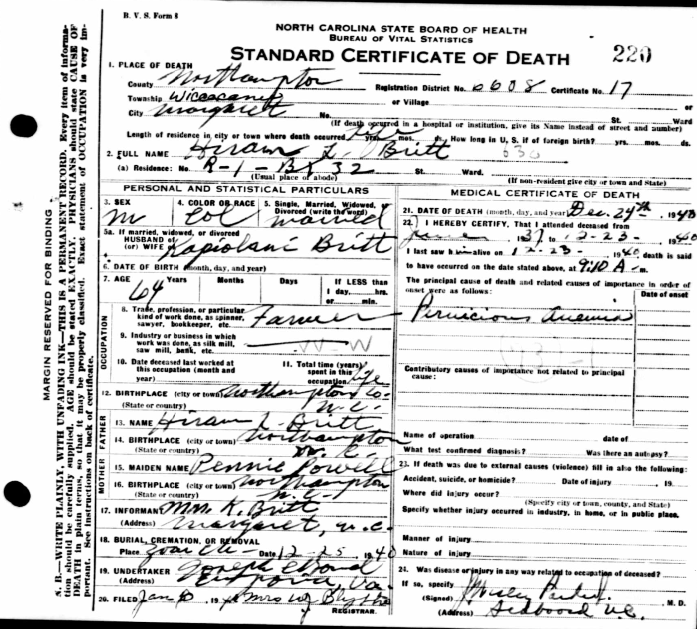 Hiram Britt, Jr. (Ma Baby Sis Uncle)
Certificate of Death