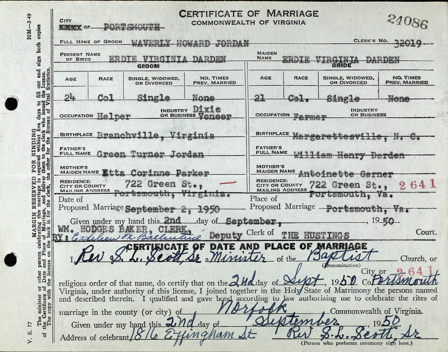 Erdie V. Daniel (Ma Baby Sis daughter) and Waverly Jordan
Certificate of Marriage