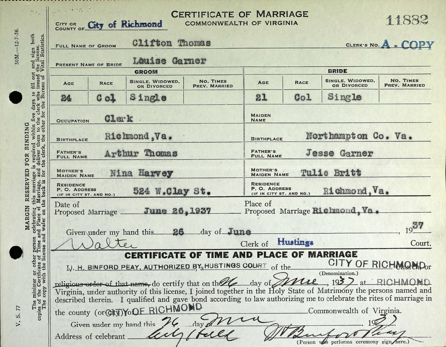 Louise Garner (Ma Baby Sis sister) and Clifton Thomas
Certificate of Marriage