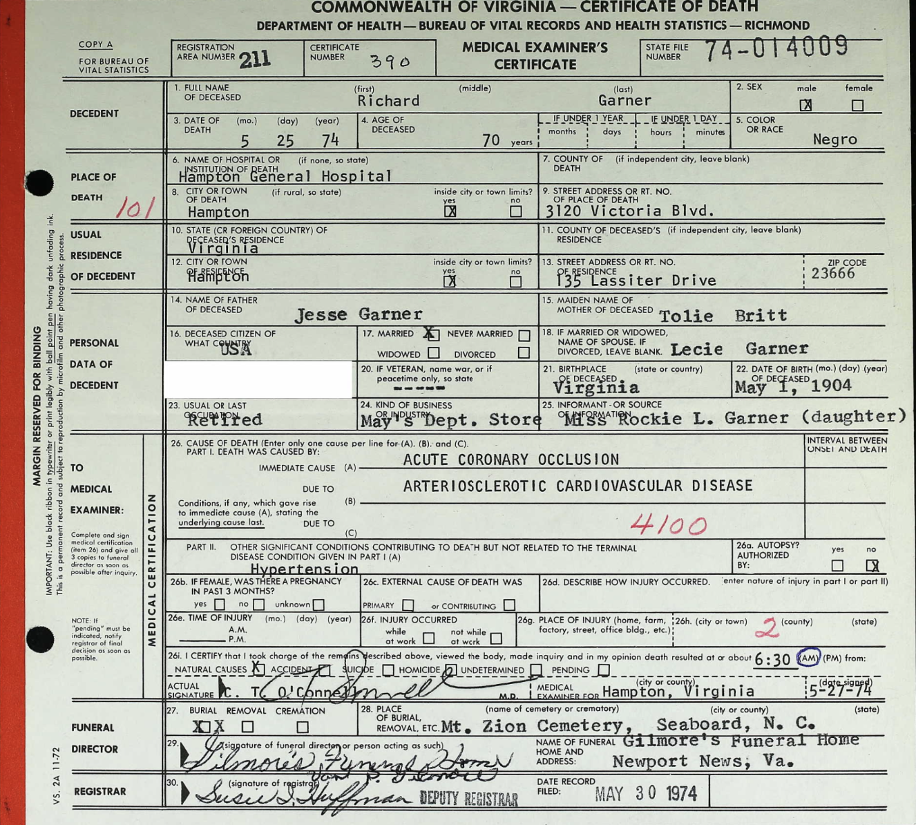 Richard Garner
Certificate of Death