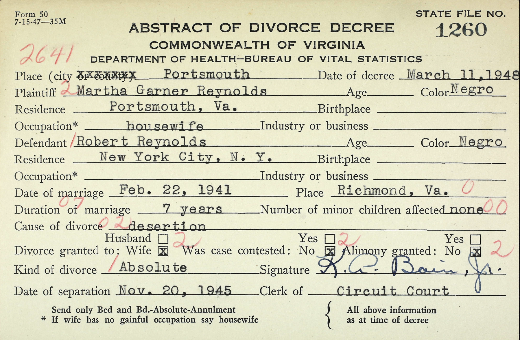 Martha Garner (Ma Baby Sis' Sister) and Robert Reynolds 
Certificate of Divorce