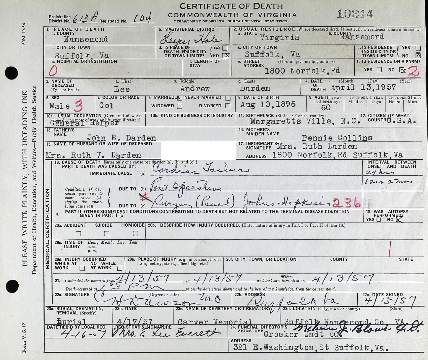 Lee Andrew Darden
Certificate of Death