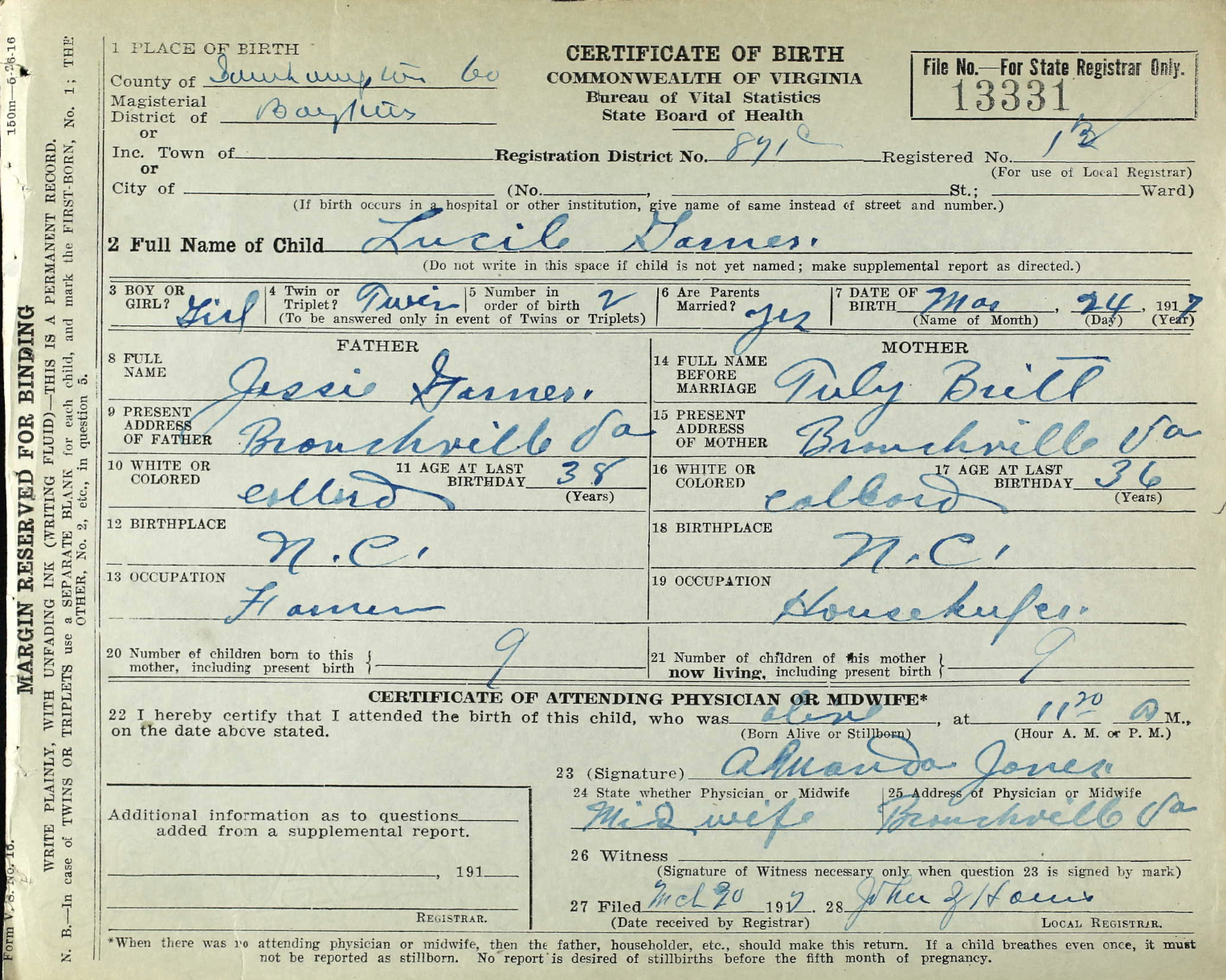 Lucile Garner (twin)
Certificate of Birth