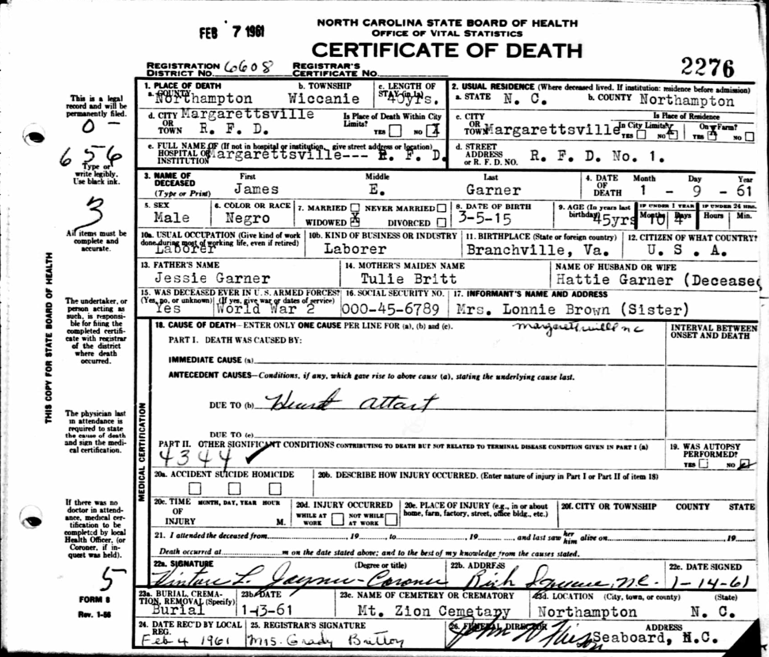 James E. Garner (Daddy Ballsy's Dad)
Certificate of Death