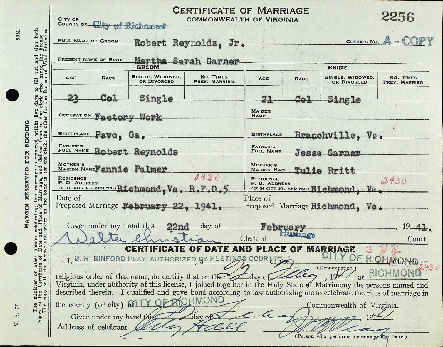 Martha Garner (Ma Baby Sis sister) and Robert Reynolds, Jr
Certificate of Marriage