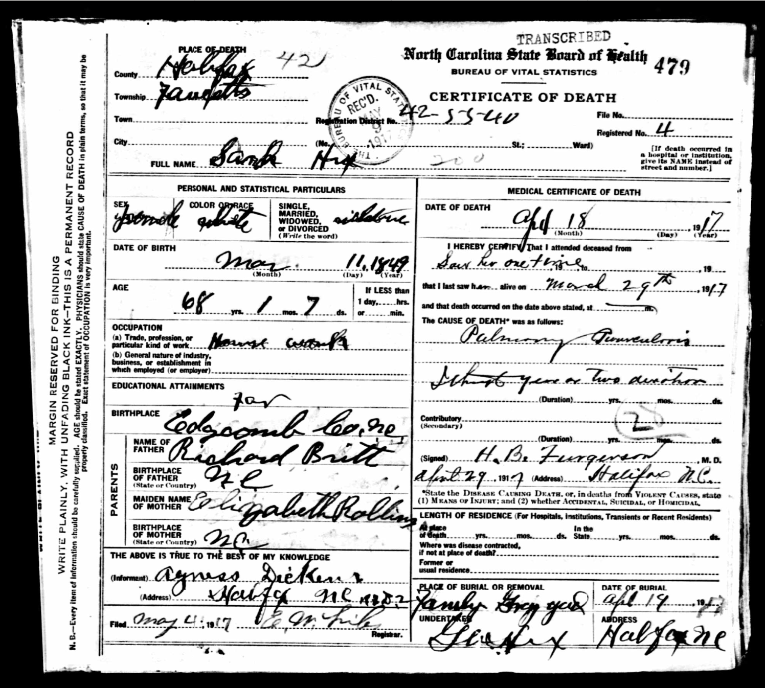 Richard Britt
Certificate of Death