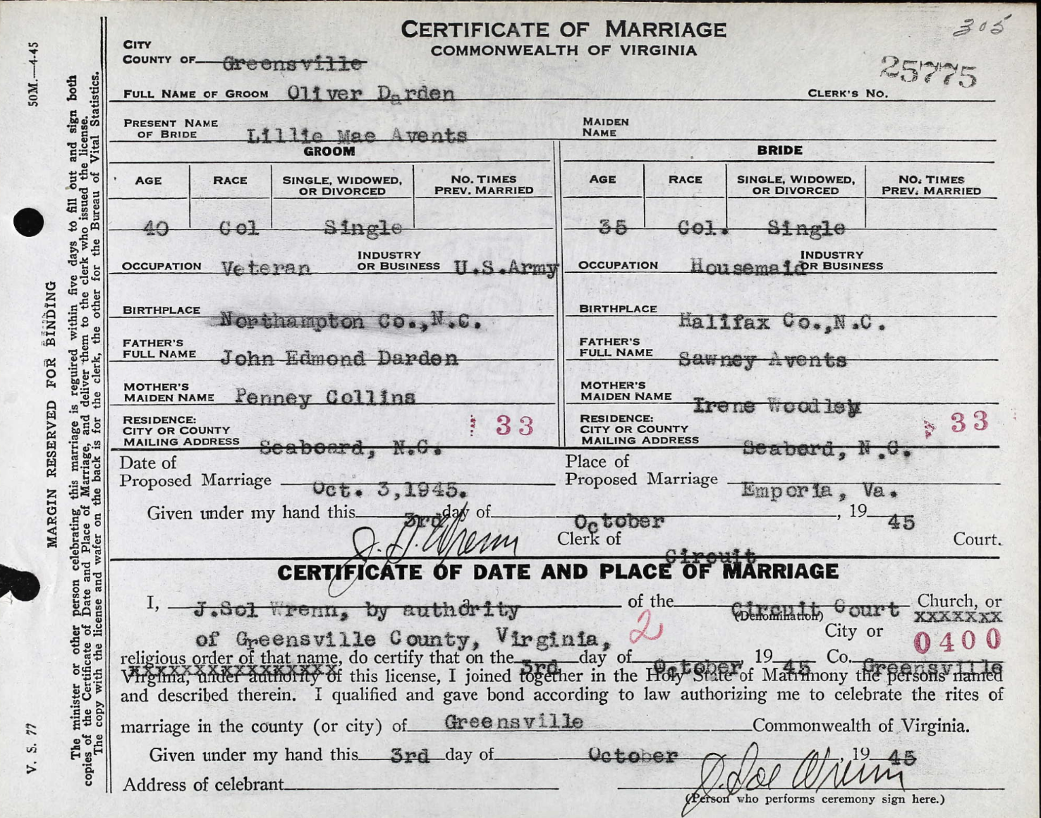 Oliver Darden (Daddy Ballsy's Brother) and Lillie Mae Avents
Certificate of Marriage