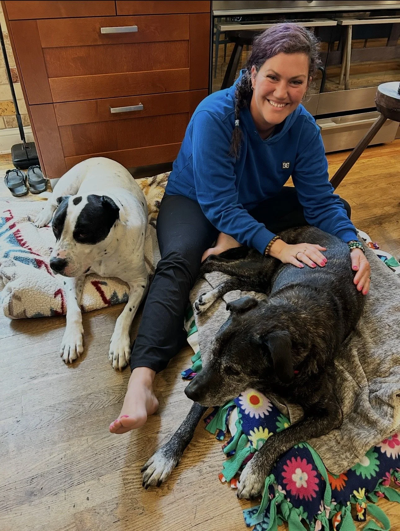 A woman with purple hair and a bright smile, wearing a blue hoodie, sitting on the floor with two dogs and a Dalmatian lying on a blanket. The woman is petting one large mixed-breed dog, while the other dog is lying on a colorful blanket. The setting is a cozy kitchen with wooden floors, cabinets, and a stove in the background.