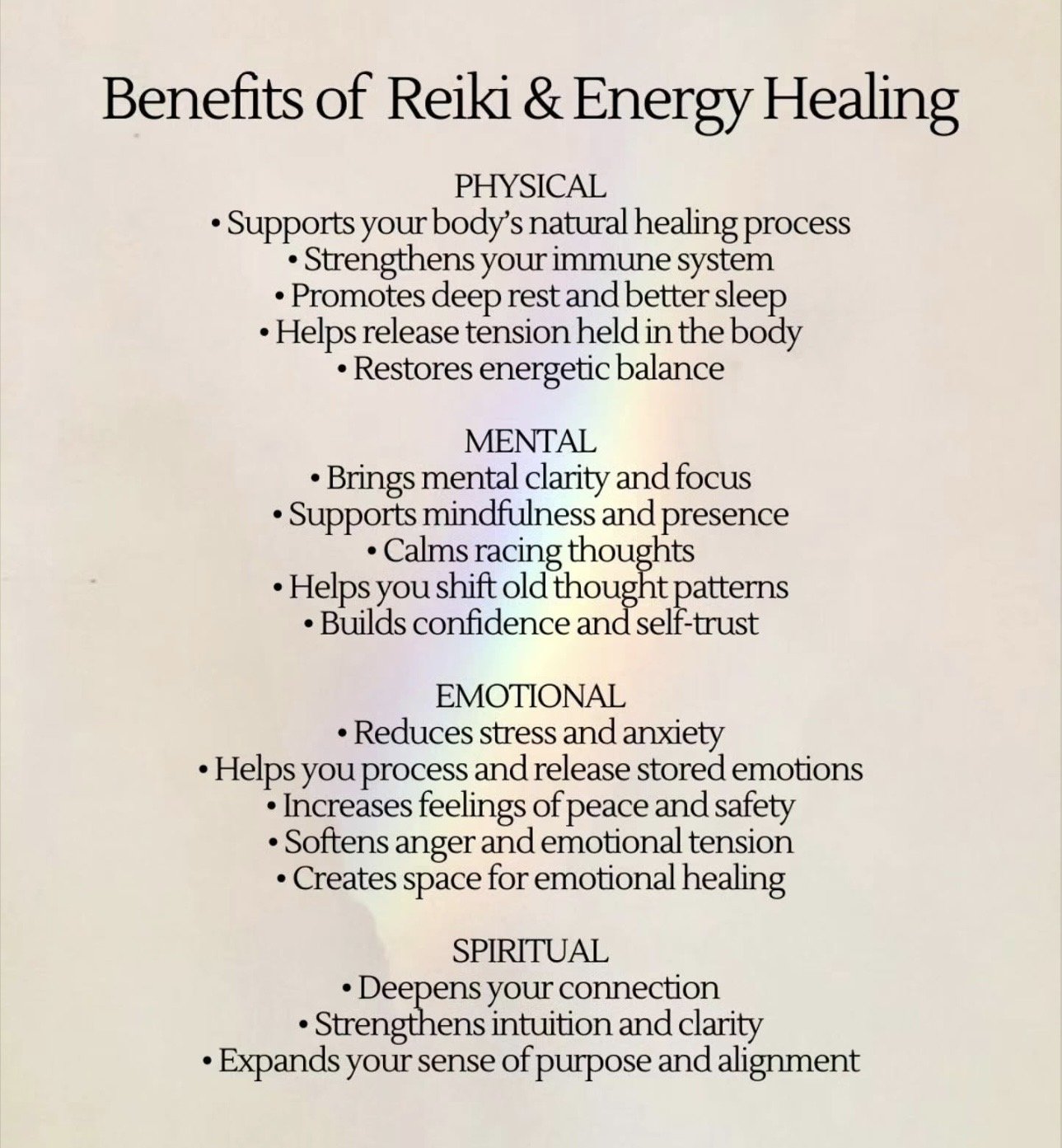 A document listing the benefits of Reiki and energy healing, categorized into physical, mental, emotional, and spiritual benefits.