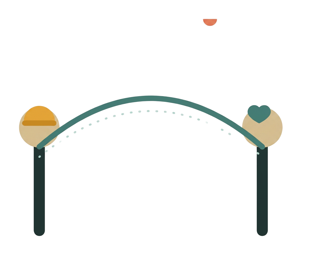 A curved electronic circuit board with two circular icons on each end, the left icon shows a burger and the right icon shows a heart.
