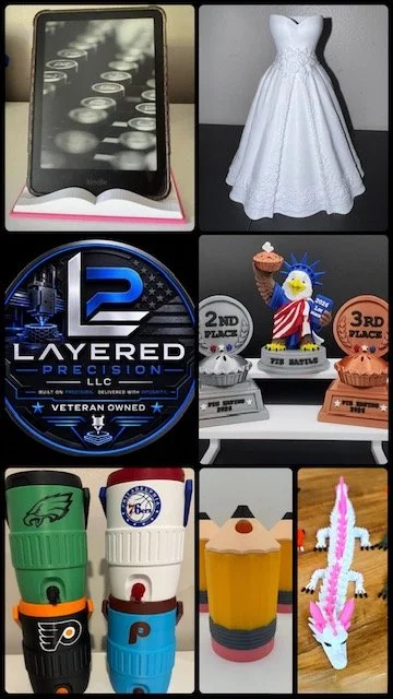 Collage of eight images including a Kindle e-reader, a white dress on a mannequin, a sports logo, awards with trophies, colorful cups, a cupcake with a candle, a beer in a mug, and an anime-style figurine.