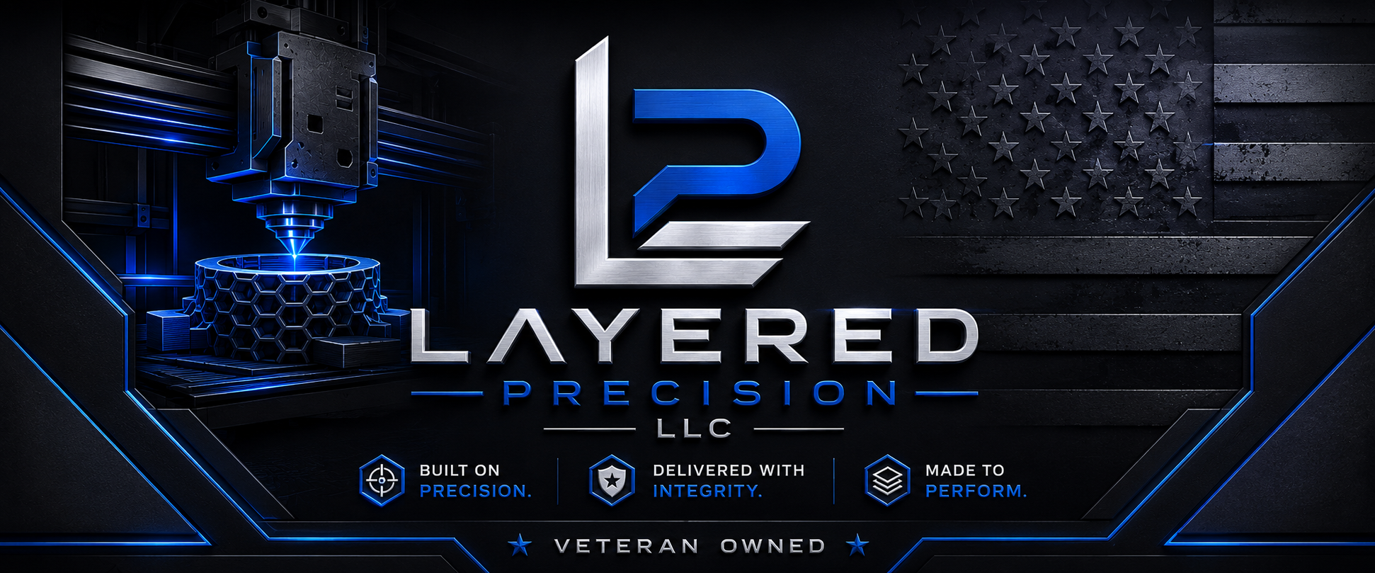 Logo for Layered Precision LLC with a background featuring a manufacturing or 3D printing process and an American flag with a dark and metallic color theme.