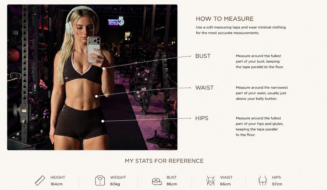 How to measure your bust, waist and hips for the correct DFYNE activewear size.