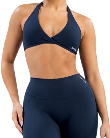 DFYNE navy activewear set displayed to highlight sizing, fit and material
