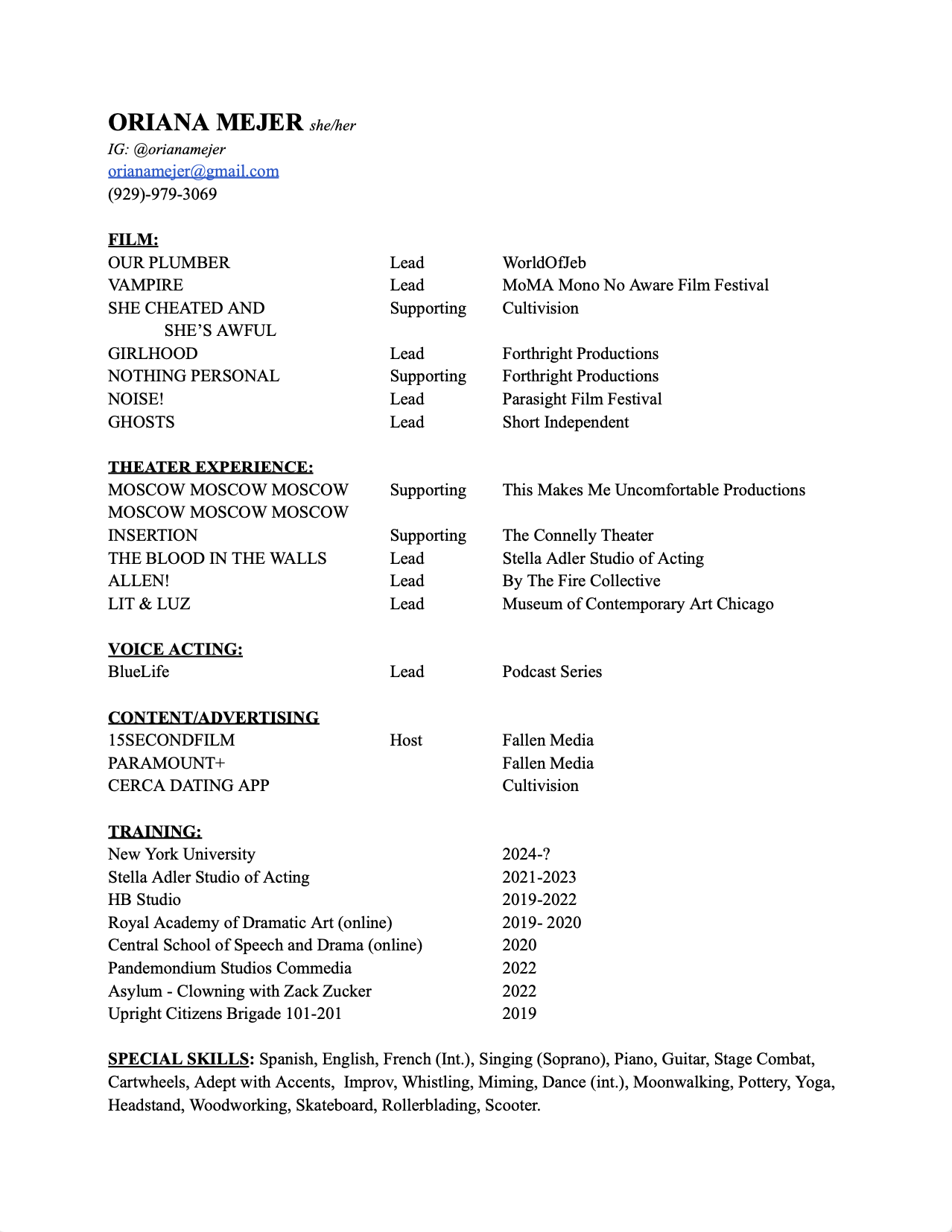 RESUME + REEL