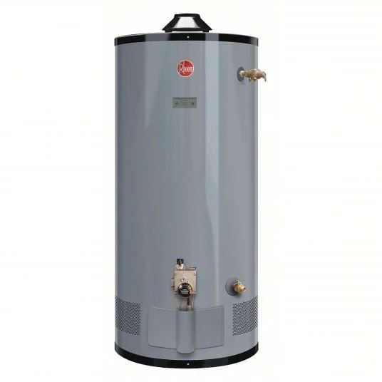 A tall, cylindrical gray water heater with the Rheem logo, inlet and outlet pipes, and control valves.