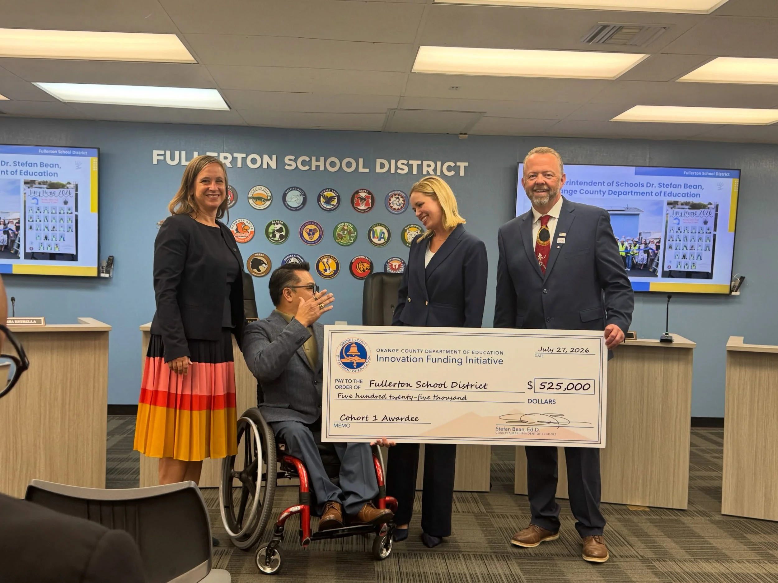 It was nice to see this in person tonight! Dr. Bean from Orange County superintendent of schools presented Dr Janson and trustee Ruthi  a ceremonial check for $525,000. The funding will help expand Fullerton&rsquo;s Construction academy, Tiny Home Pr