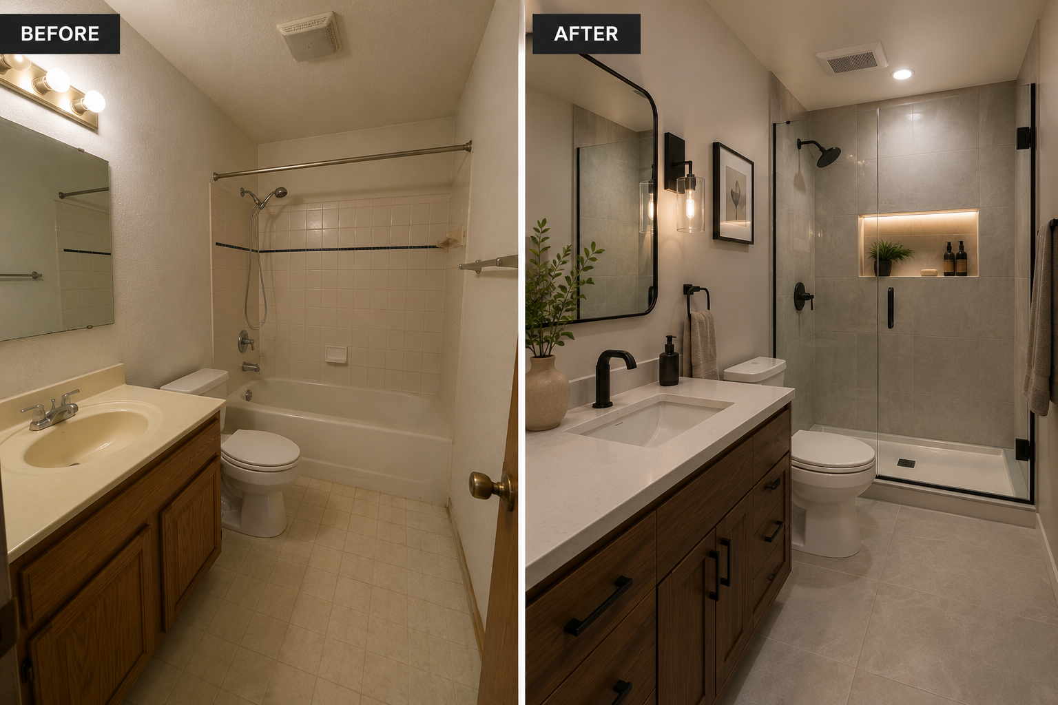 Comparison of a bathroom before and after renovation: the before side shows an outdated small bathroom with beige fixtures, a bathtub with an old showerhead, and basic lighting. The after side displays a modern, remodeled bathroom with a sleek vanity