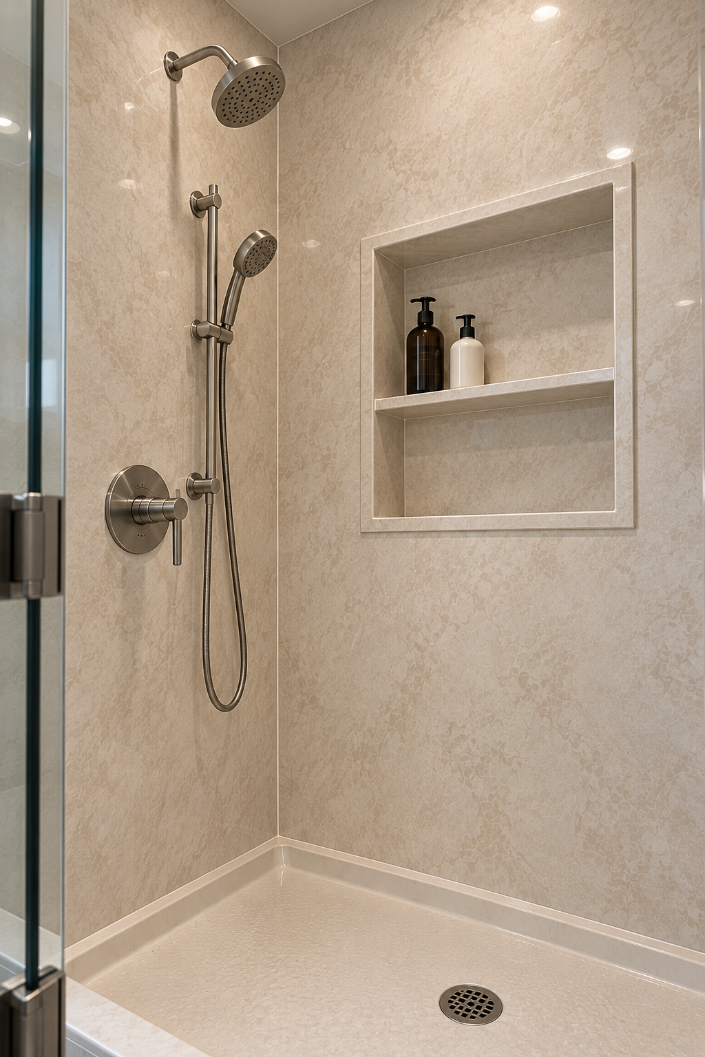 A modern shower area with beige textured walls, two showerheads, and a built-in shelf holding soap dispensers.