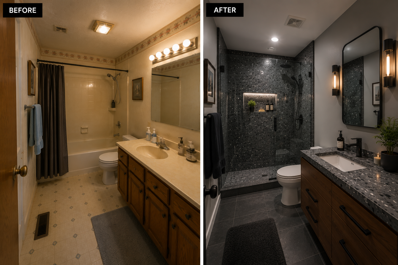 Comparison of a bathroom before and after renovation, showing a transition from an outdated, beige-colored bathroom with a wooden vanity to a modern bathroom with dark, black-themed decor, sleek fixtures, and updated lighting.