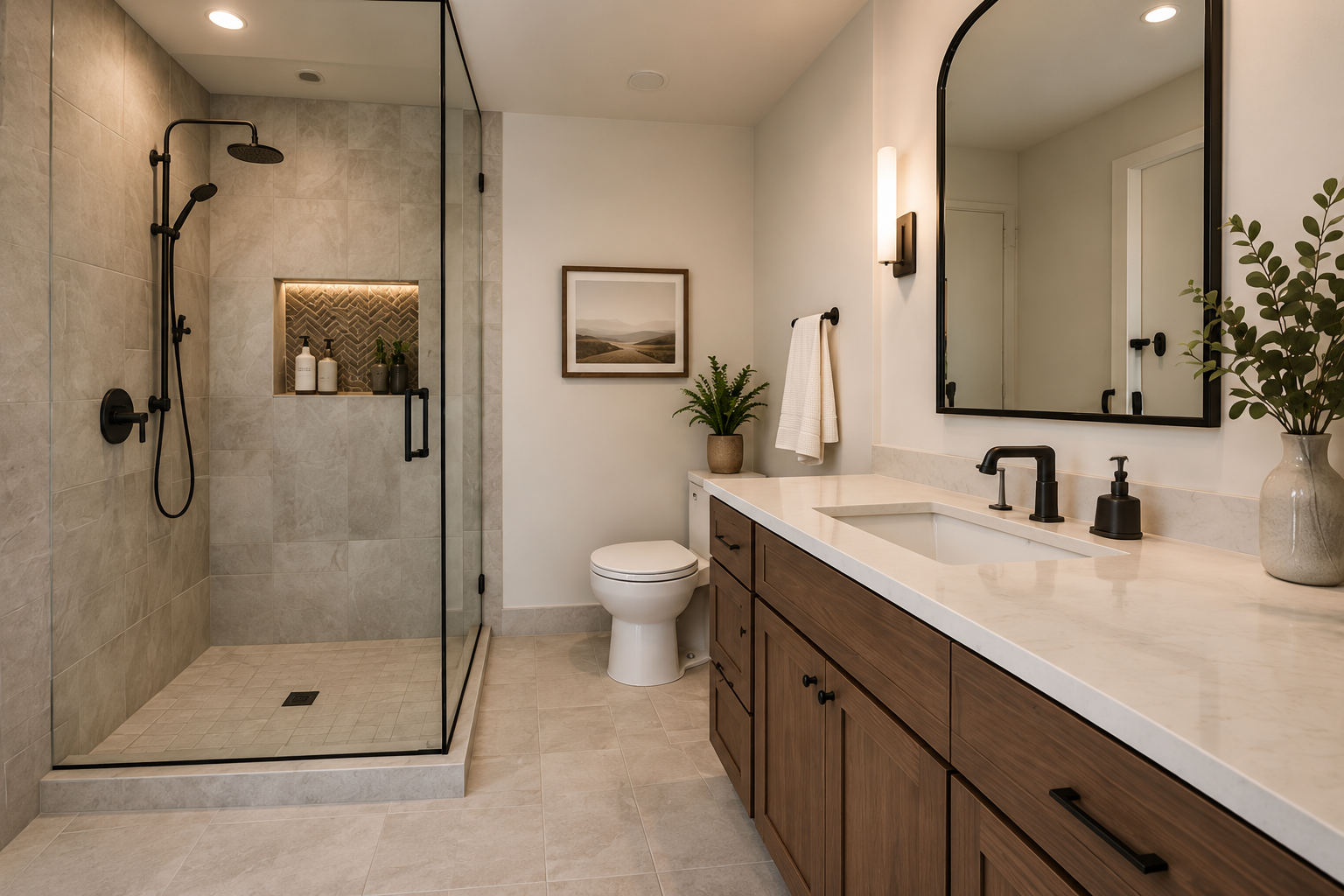 Modern bathroom with glass-enclosed shower, wooden vanity with white marble countertop, large mirror, toilet, potted plant, and framed landscape picture above the toilet.